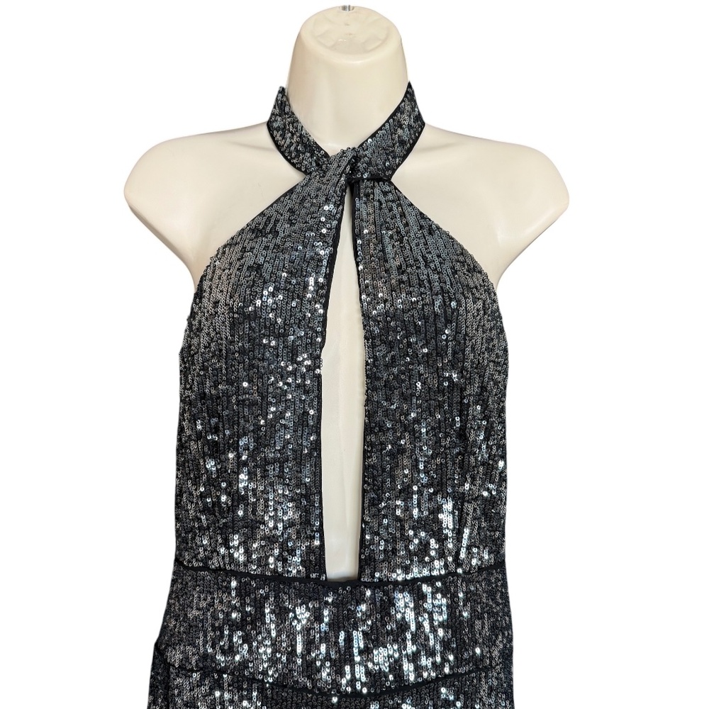 Maeve Anthropologie Black Silver Sequin Halter Jumpsuit Wide Leg Evening Size 10 - Picture 10 of 17